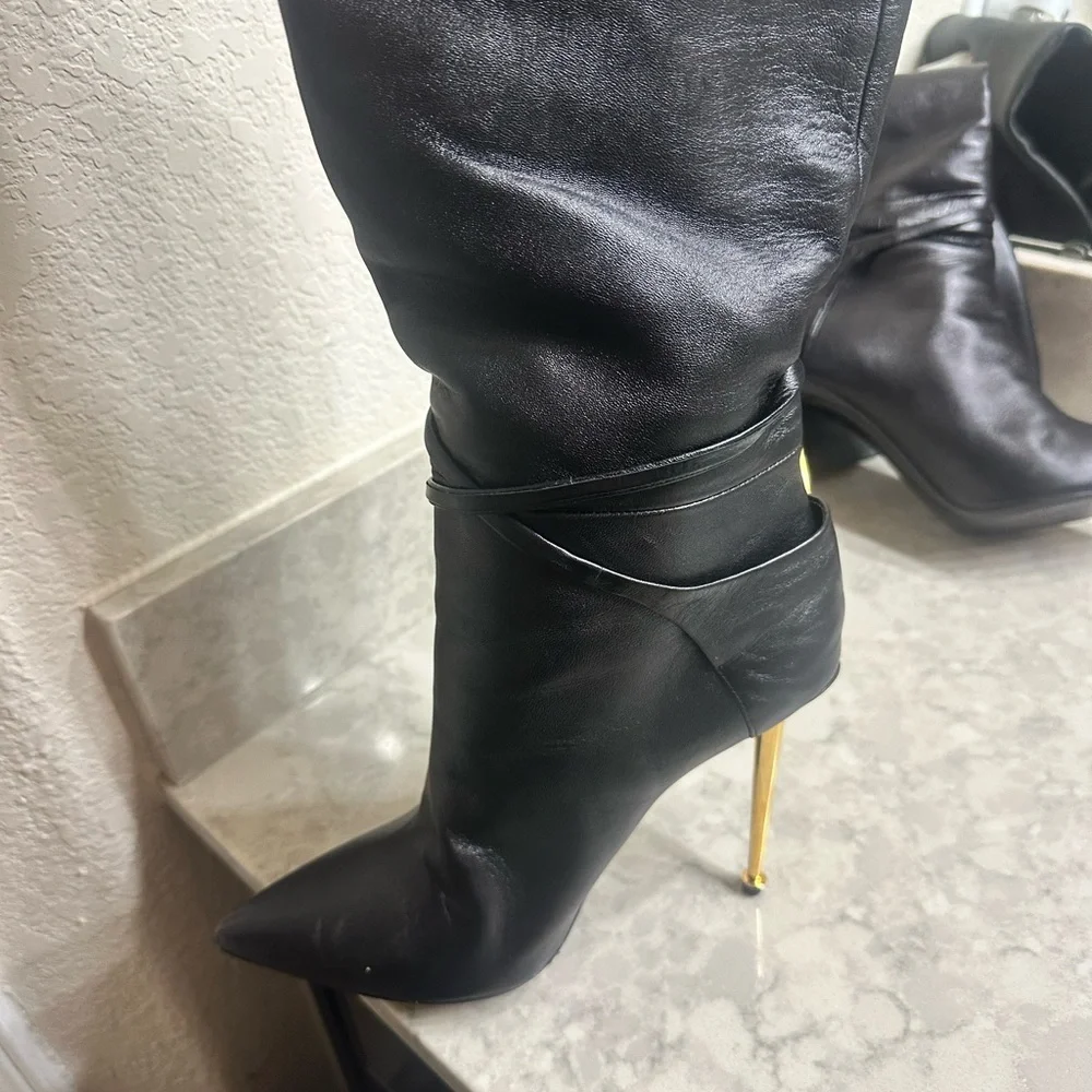 Padlock Pointed Toe Knee High Boot (Women) - Picture 12 of 12